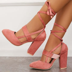 Suisecloths Chunky Block High Heels Lace Up Dress Sandals Ankle Strappy Pumps main image 0