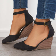 Suisecloths Classic Ankle Strap Wedges Pointed Toe Stacked Heel Dress Pumps