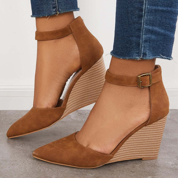 Suisecloths Classic Ankle Strap Wedges Pointed Toe Stacked Heel Dress Pumps main image 0