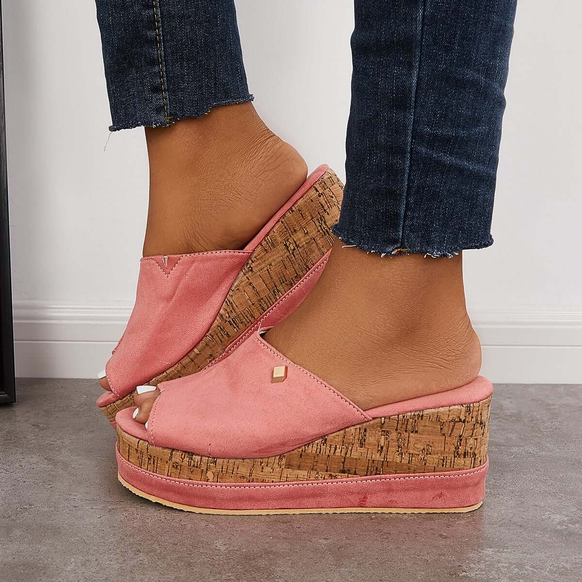 Suisecloths Comfortable Cork Footbed Slip-on Sandals Platform Wedge Slippers Oshnow