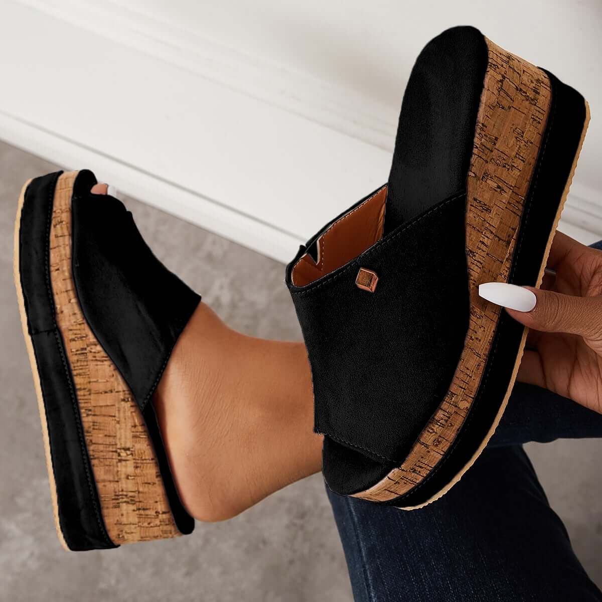 Suisecloths Comfortable Cork Footbed Slip-on Sandals Platform Wedge Slippers Oshnow