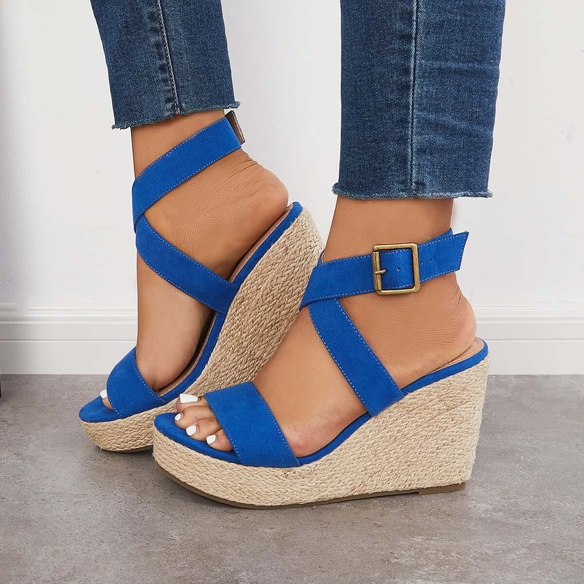 Suisecloths Criss-Cross Ankle Strap Espadrille Wedge Platform Sandals Oshnow