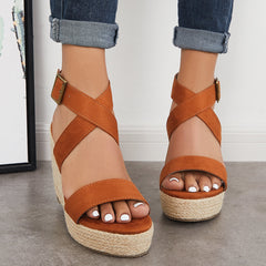 Suisecloths Criss-Cross Ankle Strap Espadrille Wedge Platform Sandals Oshnow