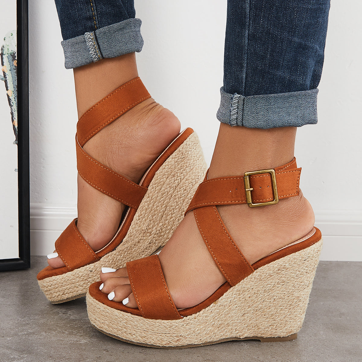 Suisecloths Criss-Cross Ankle Strap Espadrille Wedge Platform Sandals Oshnow