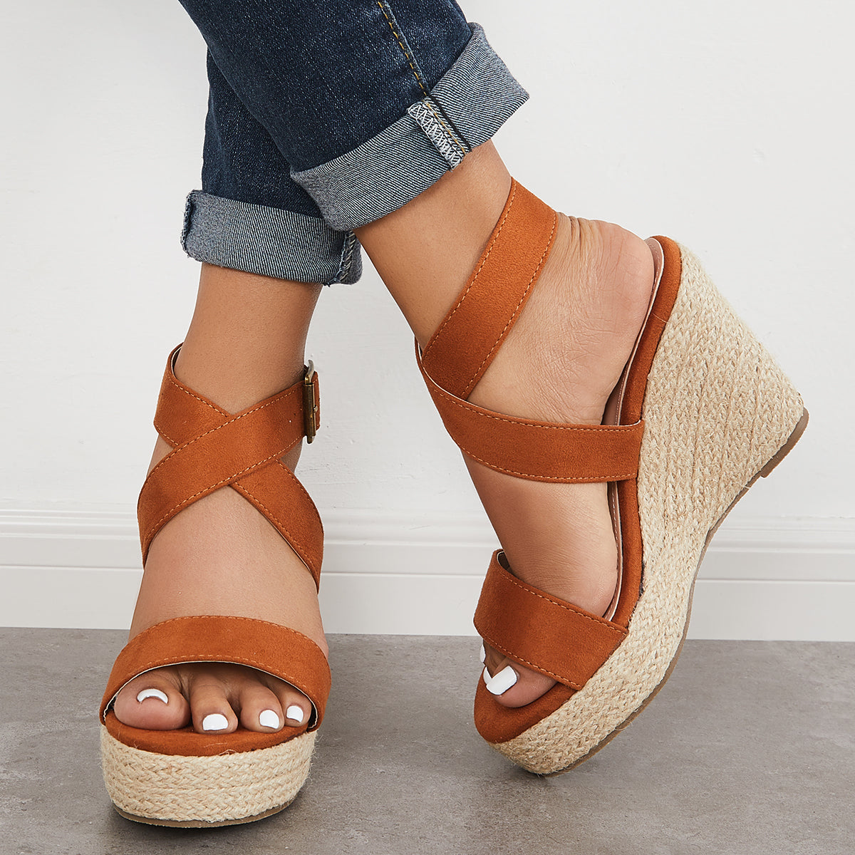 Suisecloths Criss-Cross Ankle Strap Espadrille Wedge Platform Sandals Oshnow