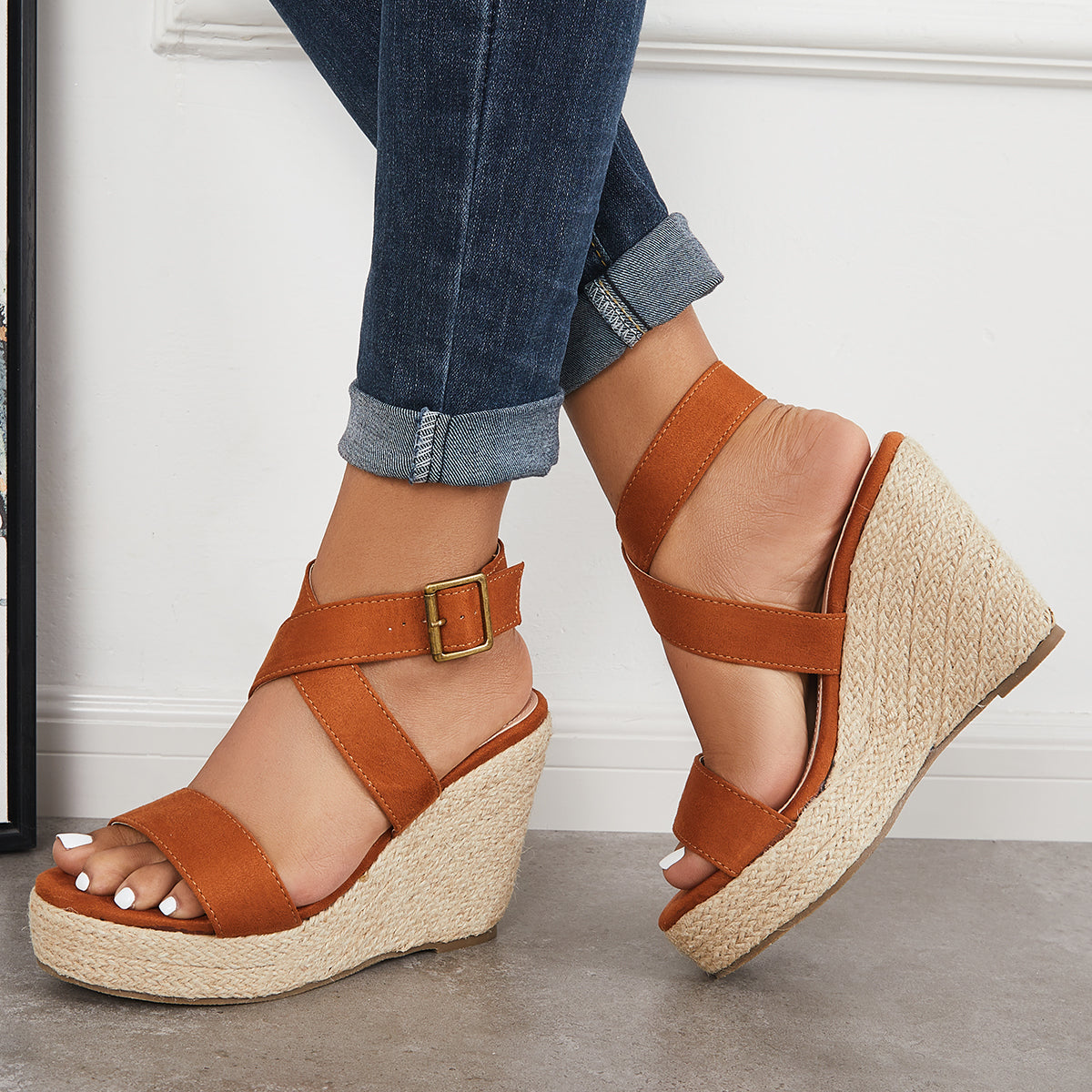 Suisecloths Criss-Cross Ankle Strap Espadrille Wedge Platform Sandals Oshnow