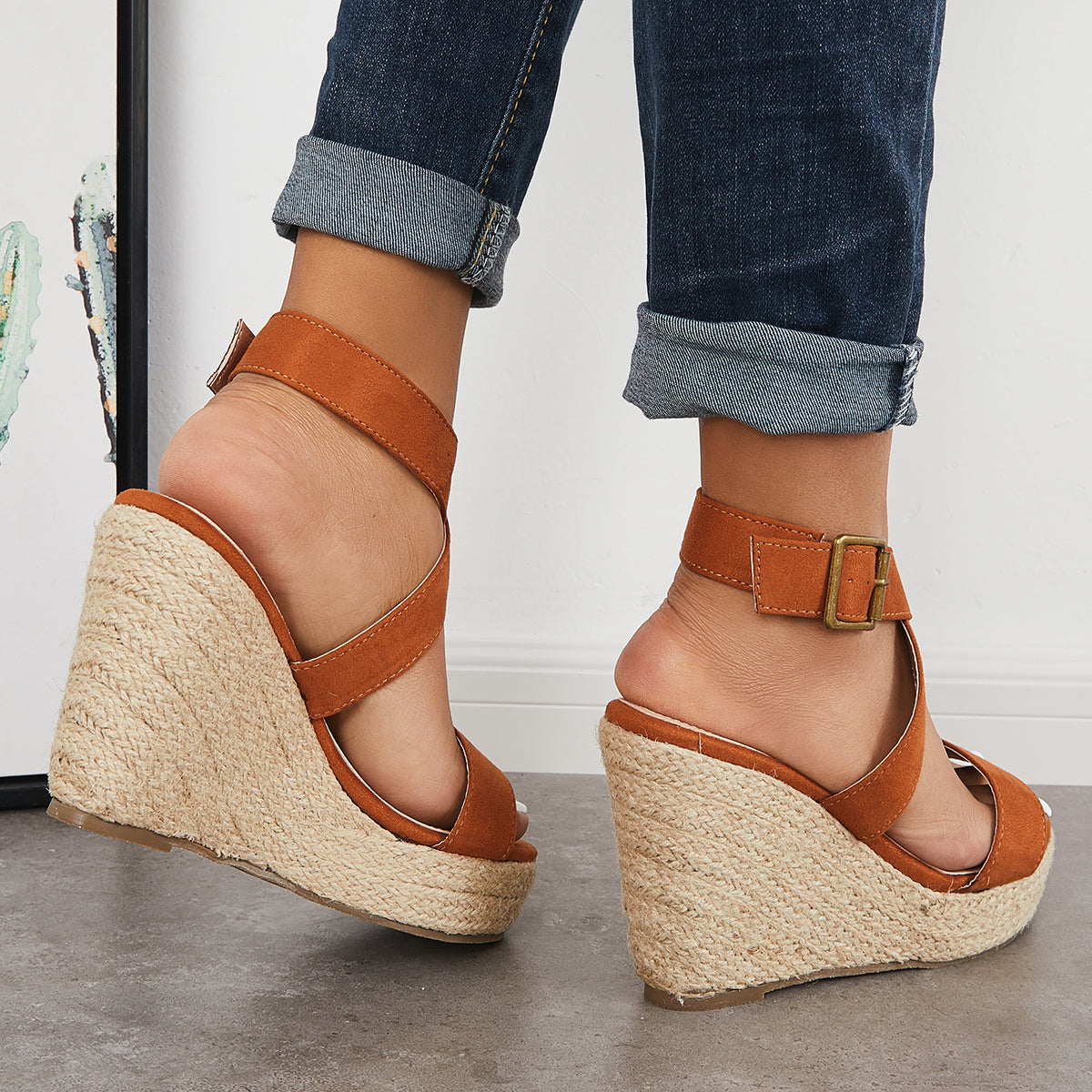 Suisecloths Criss-Cross Ankle Strap Espadrille Wedge Platform Sandals Oshnow