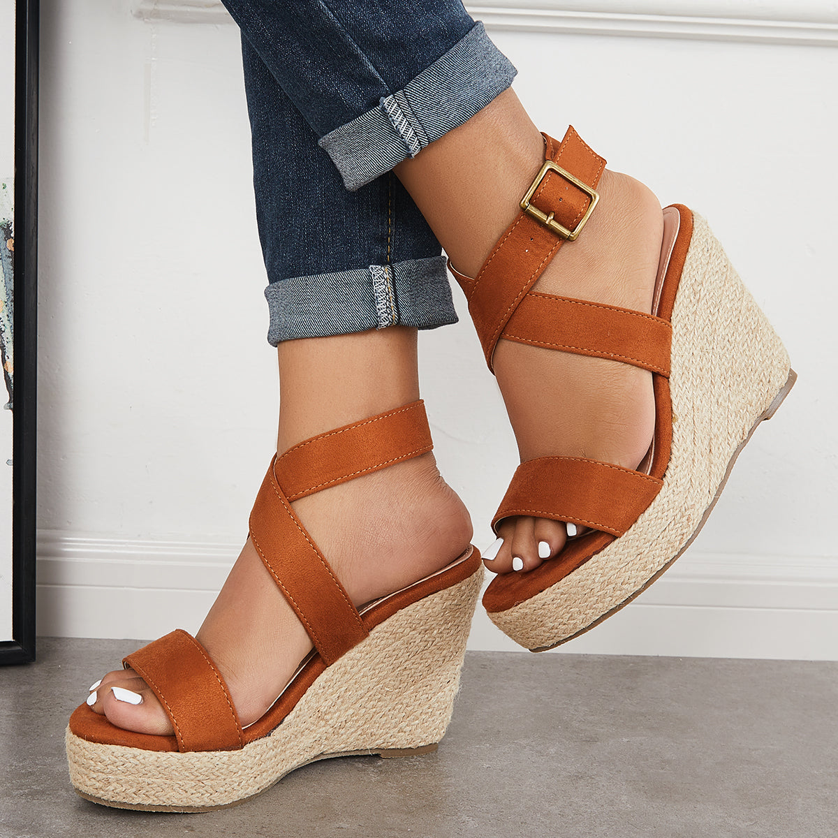 Suisecloths Criss-Cross Ankle Strap Espadrille Wedge Platform Sandals Oshnow