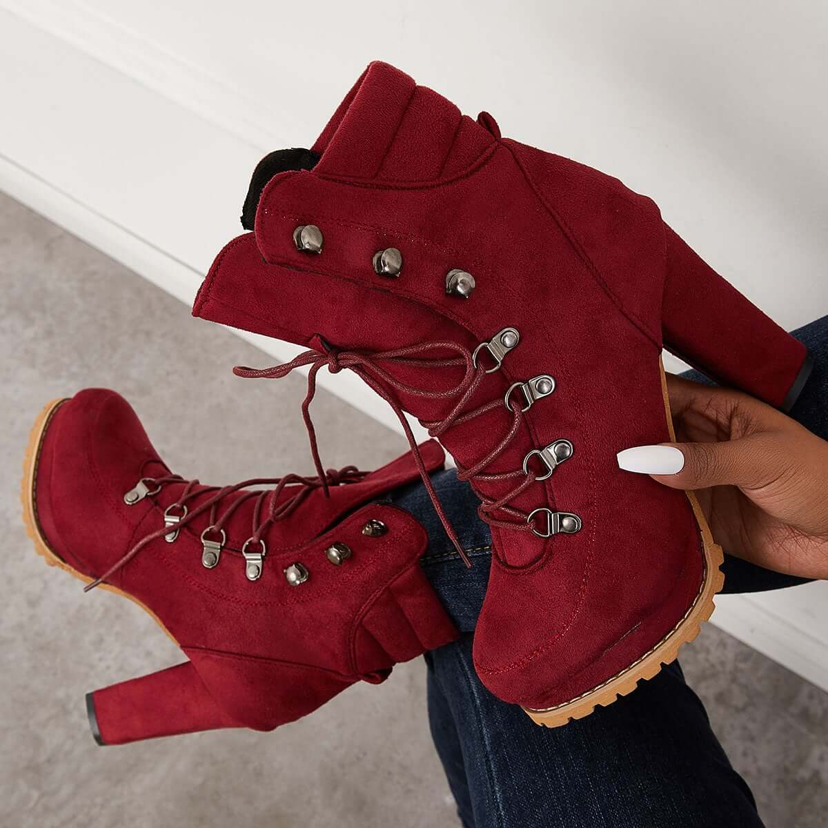 Suisecloths Non Slip Chunky Platform High Heels Lace Up Ankle Boots Oshnow