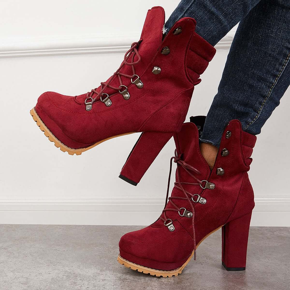 Suisecloths Non Slip Chunky Platform High Heels Lace Up Ankle Boots Oshnow