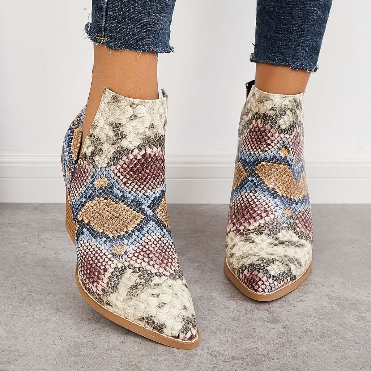 Sunny Slip-On Western Booties - Side Cut Out Detail & Stacked Leather Heel