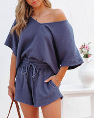 Sumner Cotton Relaxed V-Neck Top - Navy Oshnow