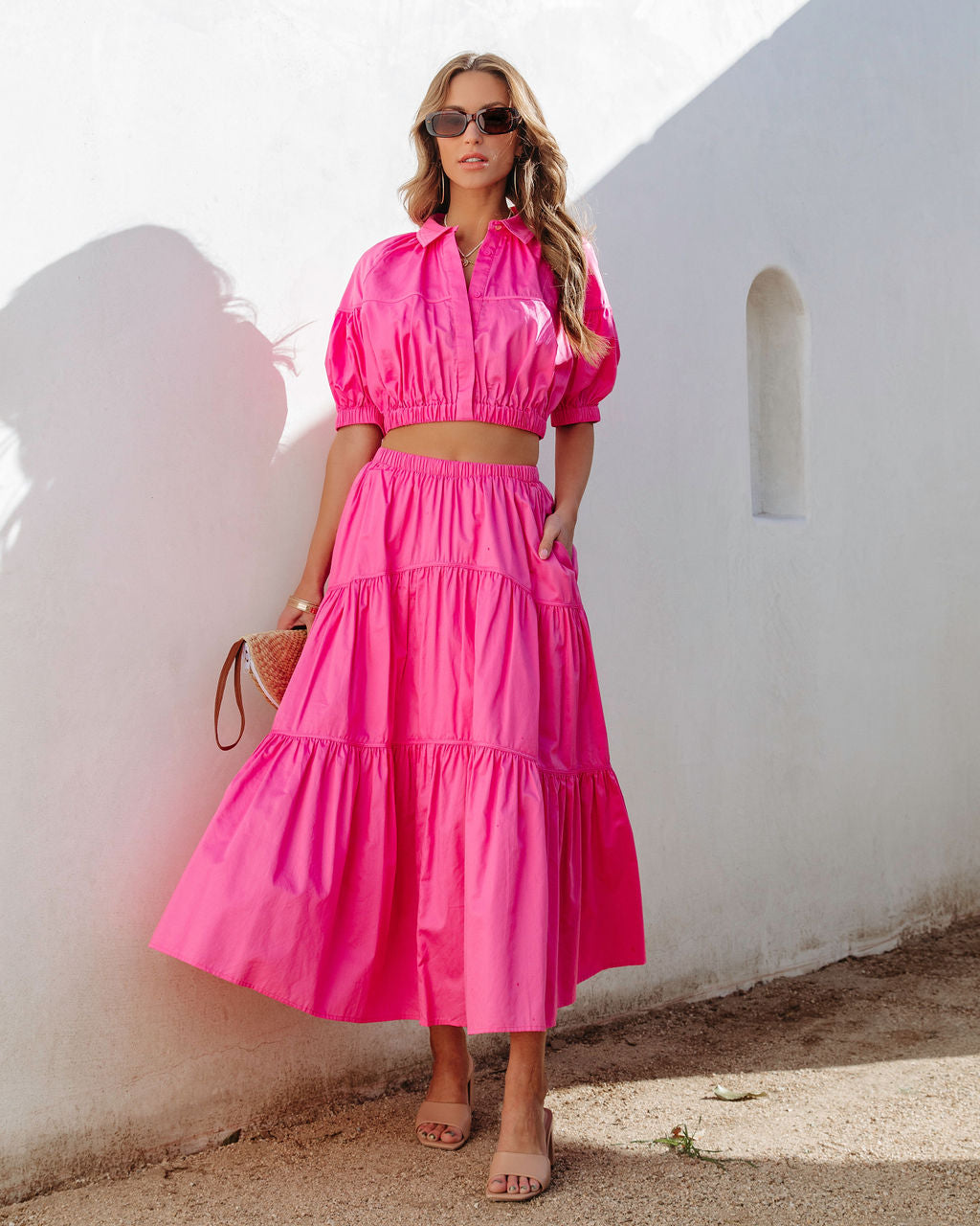 Sunny Meadow Tiered Midi Skirt - Hot Pink Oshnow