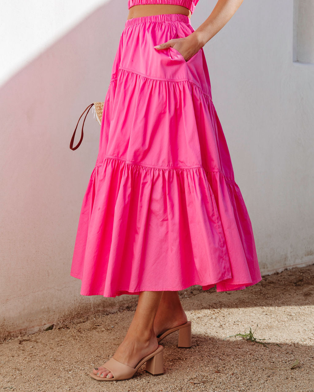 Sunny Meadow Tiered Midi Skirt - Hot Pink Oshnow