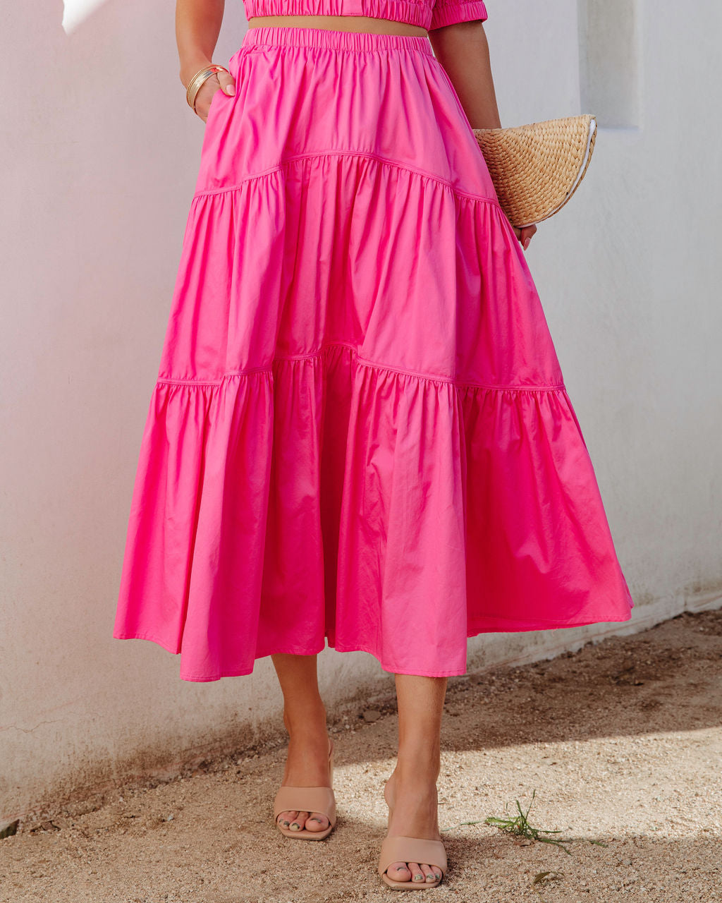 Sunny Meadow Tiered Midi Skirt - Hot Pink Oshnow