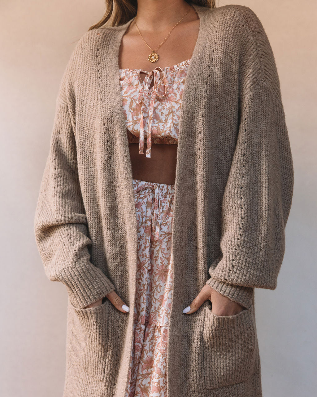 Sunset Breeze Knit Pocketed Open Front Cardigan - Taupe  - SALE Oshnow