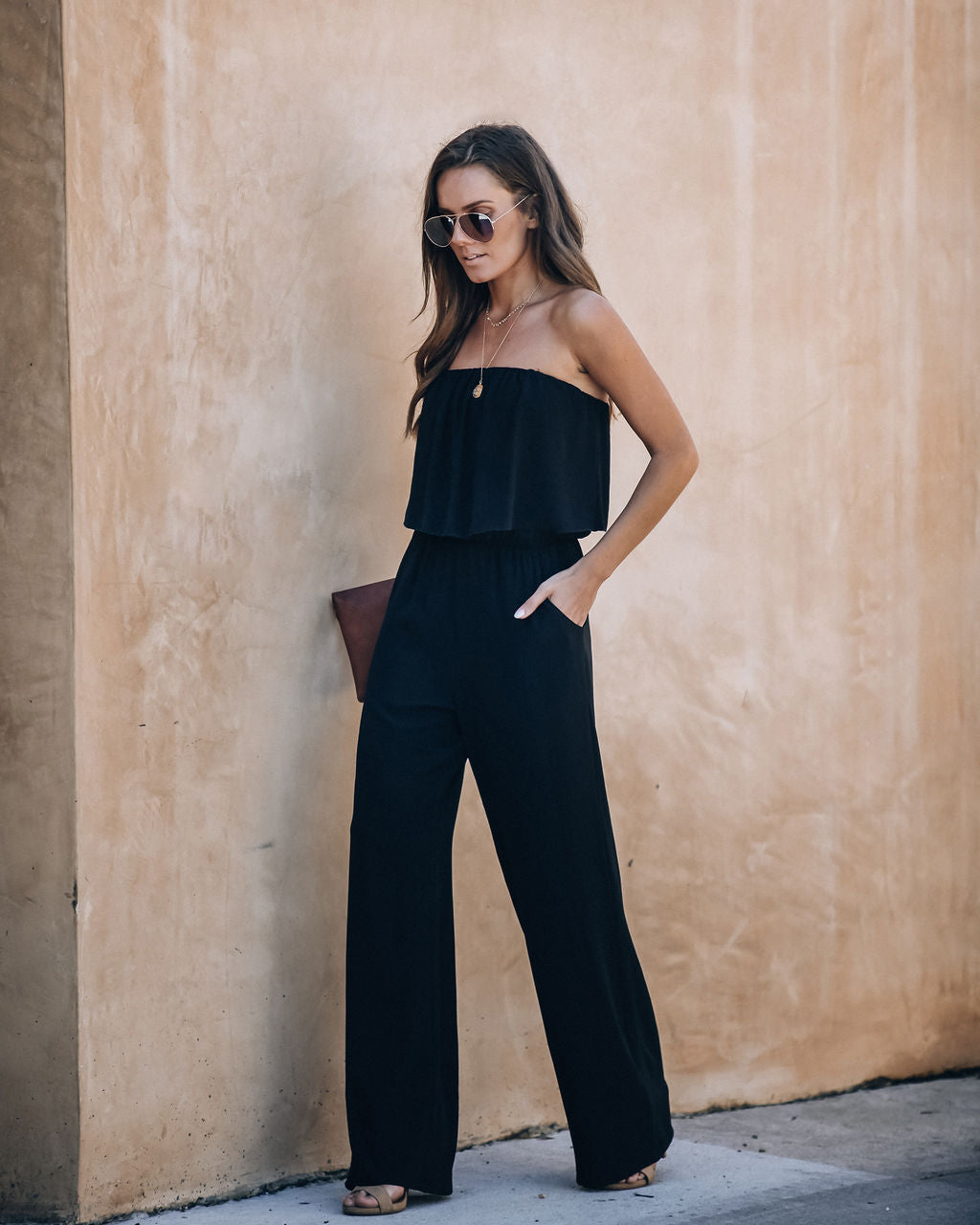 Supreme Strapless Pocketed Jumpsuit - Black Oshnow