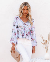 Sure Thing Floral Balloon Sleeve Twist Blouse - Blue Oshnow