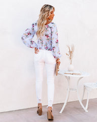 Sure Thing Floral Balloon Sleeve Twist Blouse - Blue Oshnow