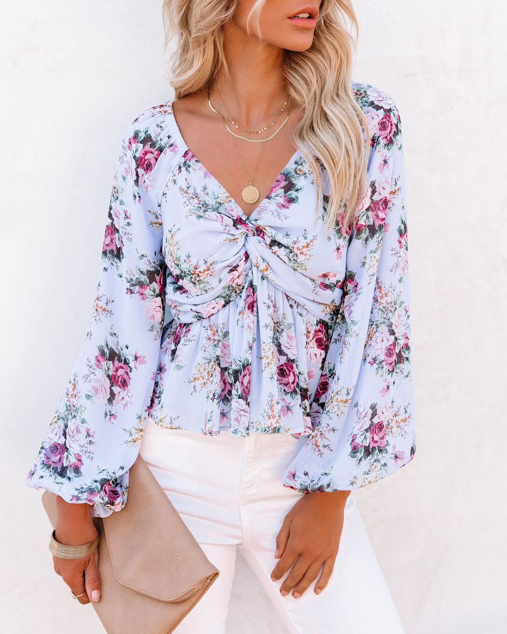 Sure Thing Floral Balloon Sleeve Twist Blouse - Blue Oshnow