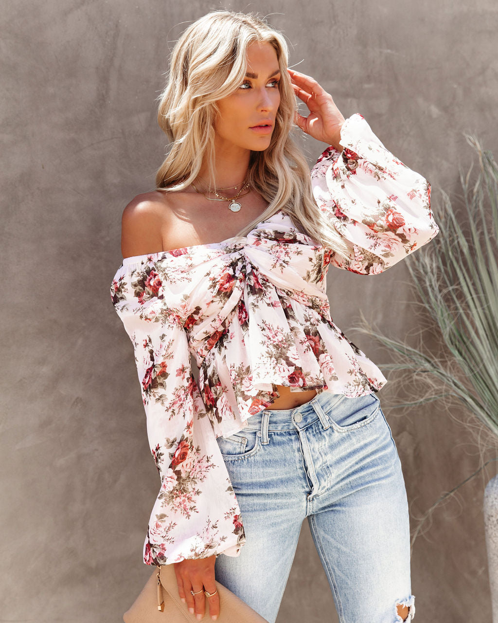 Sure Thing Floral Balloon Sleeve Twist Blouse - Cream Oshnow