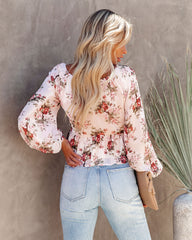 Sure Thing Floral Balloon Sleeve Twist Blouse - Cream Oshnow