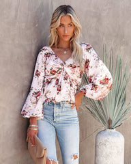 Sure Thing Floral Balloon Sleeve Twist Blouse - Cream Oshnow