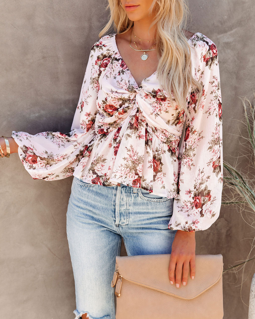 Sure Thing Floral Balloon Sleeve Twist Blouse - Cream Oshnow