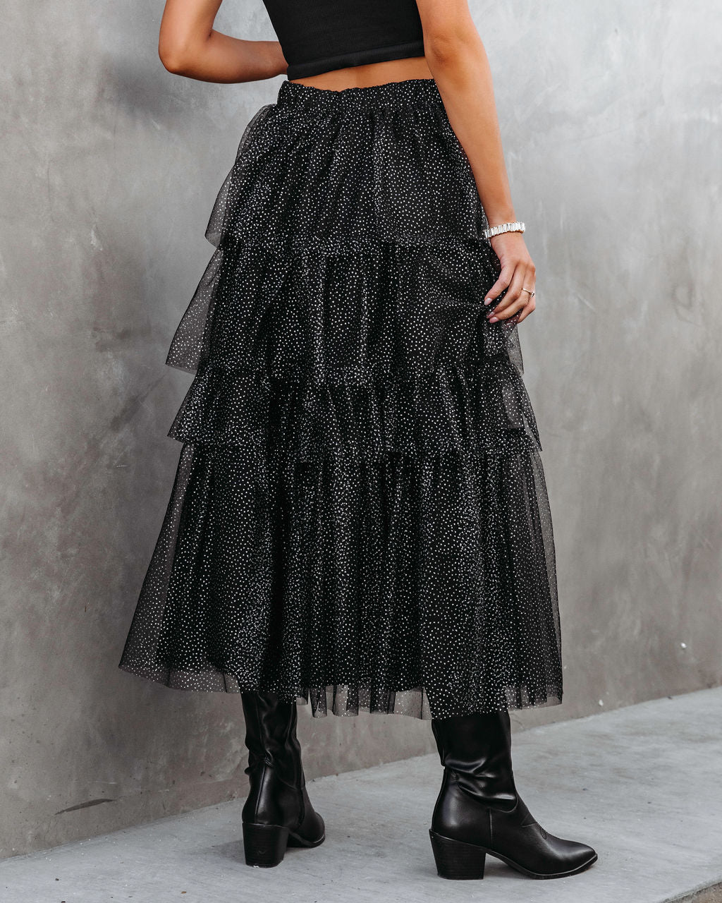 Swan Lake Tiered Shimmer Tulle Midi Skirt - Black Oshnow