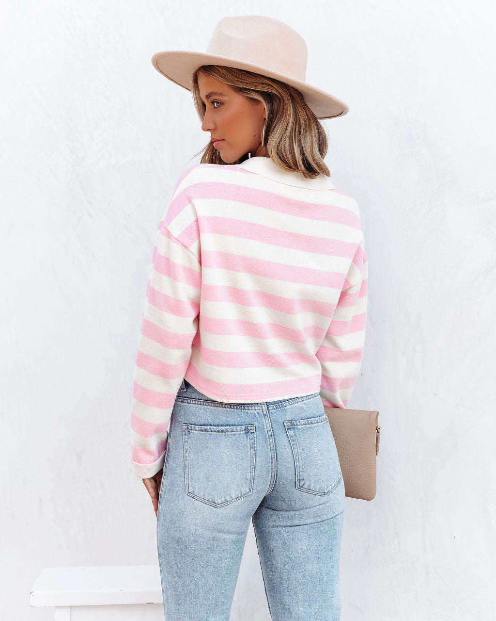 Syble Cotton Striped Collared Top - Pink Oshnow