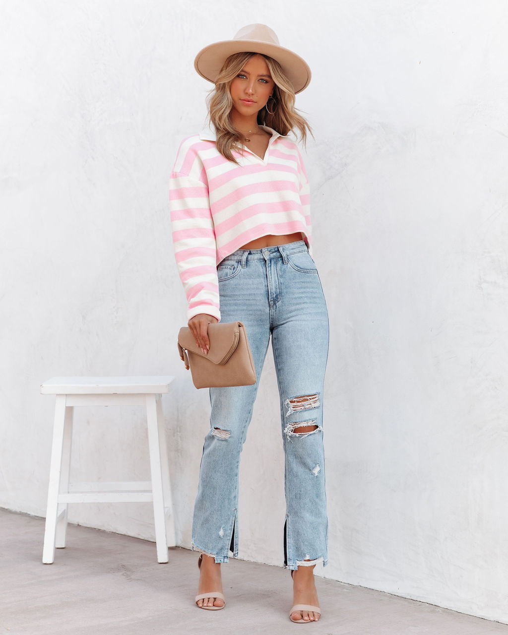 Syble Cotton Striped Collared Top - Pink Oshnow