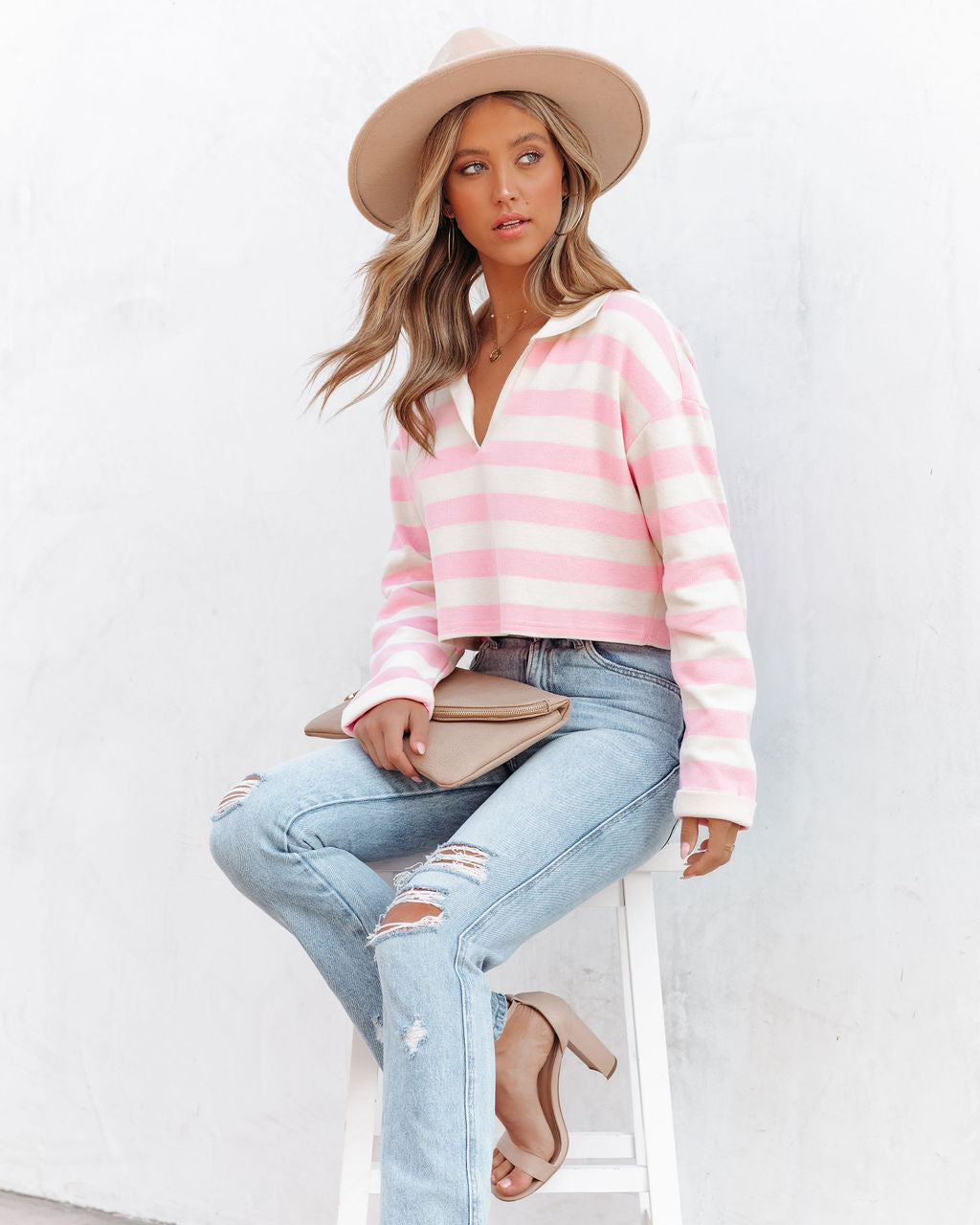 Syble Cotton Striped Collared Top - Pink Oshnow