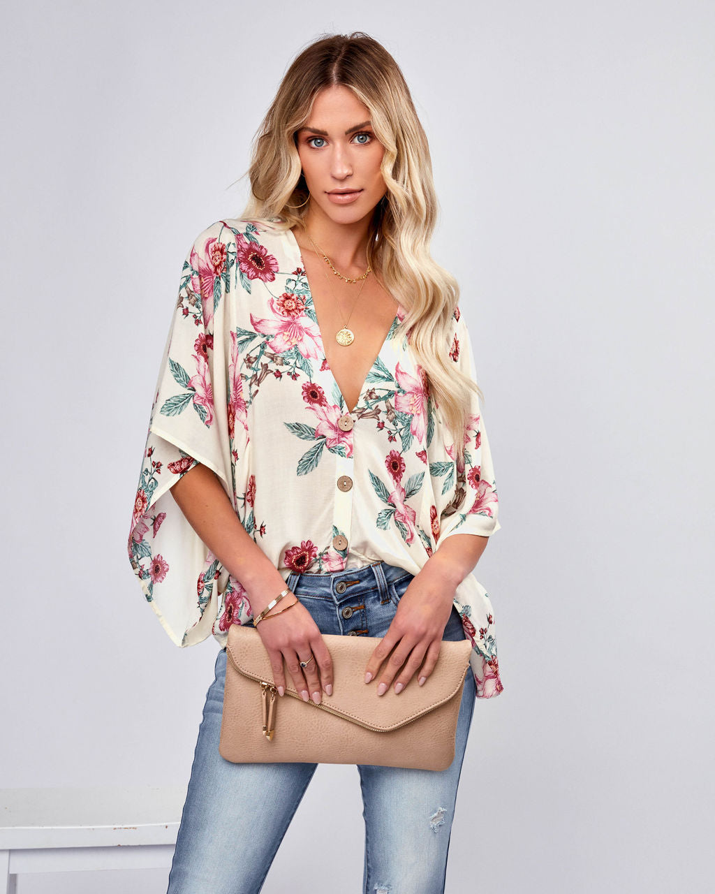 Sycamore Floral Button Down Kimono Top - Ivory Oshnow