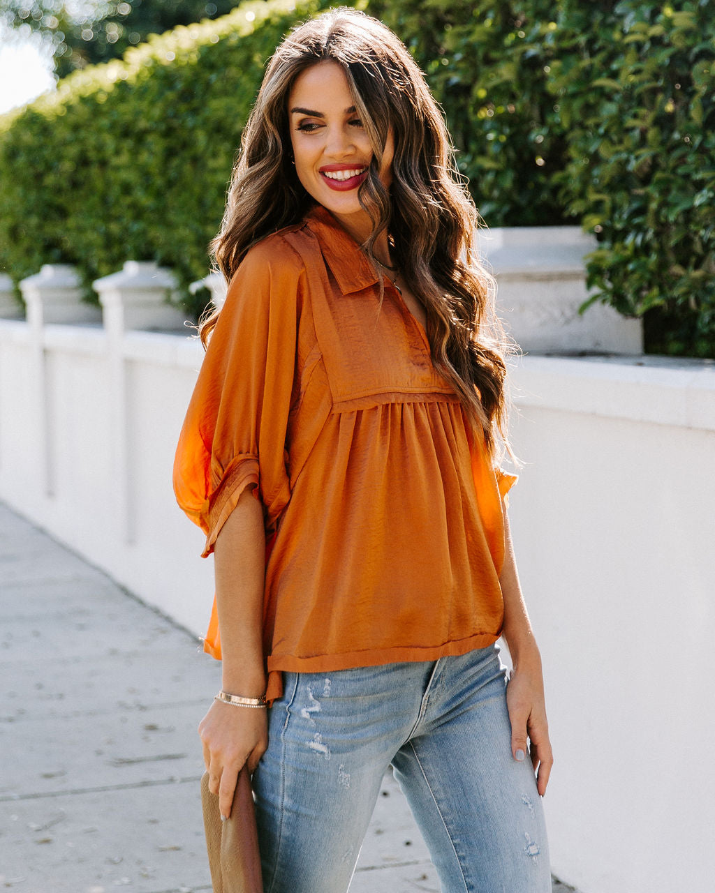 Tabitha Satin Babydoll Blouse - Burnt Orange Oshnow