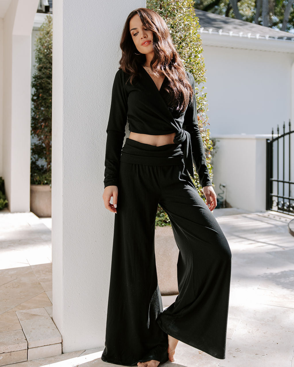 Take A Breather Ribbed High Rise Wide Leg Pants - Black Oshnow