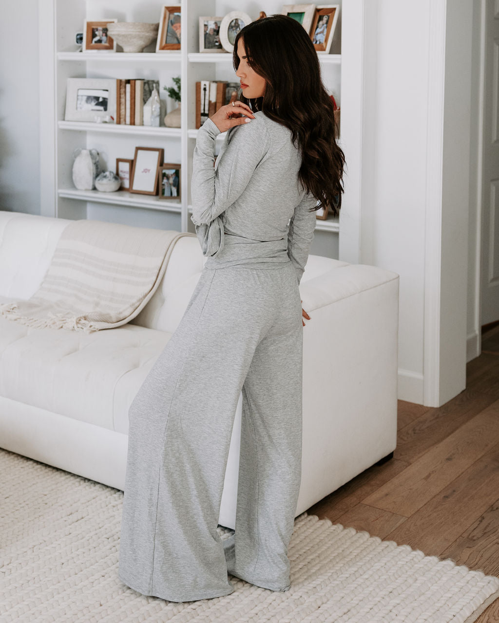 Take A Breather Ribbed High Rise Wide Leg Pants - Heather Grey Oshnow