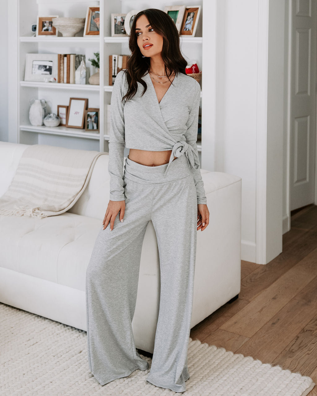 Take A Breather Ribbed High Rise Wide Leg Pants - Heather Grey Oshnow