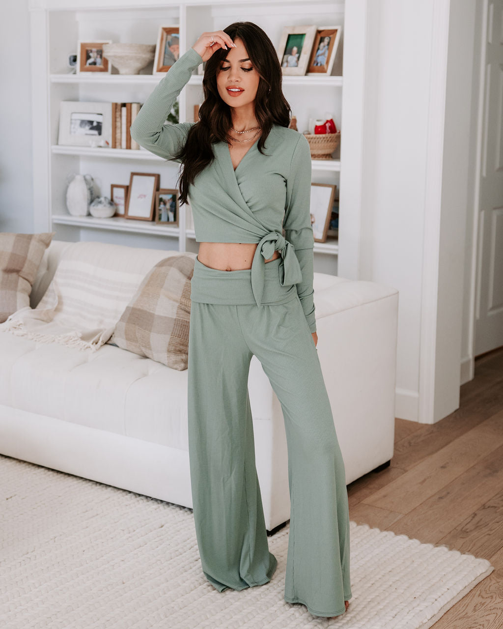 Take A Breather Ribbed High Rise Wide Leg Pants - Sage Oshnow