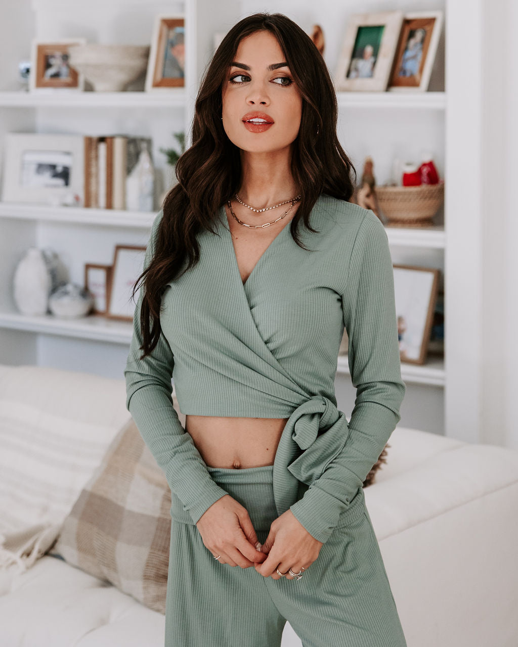 Take A Breather Ribbed Long Sleeve Wrap Top - Sage Oshnow