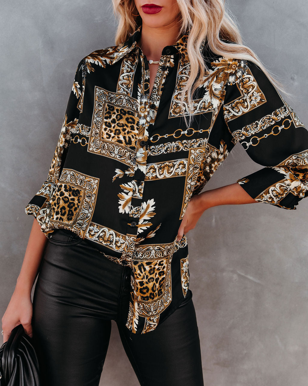 Take The Lead Printed Button Down Blouse Oshnow