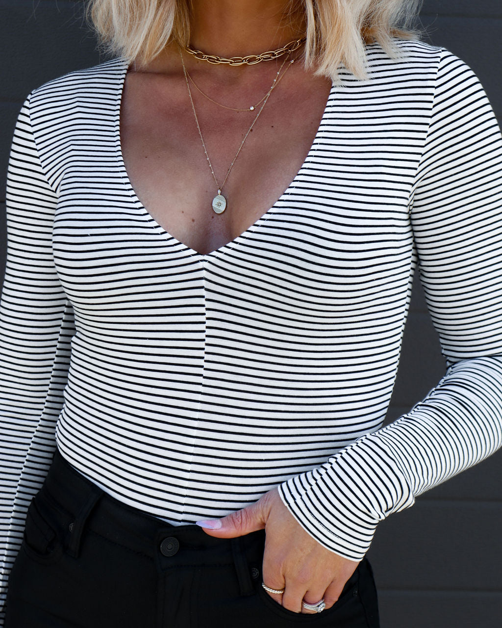 Tamia Striped V-Neck Bodysuit - Black/White Oshnow