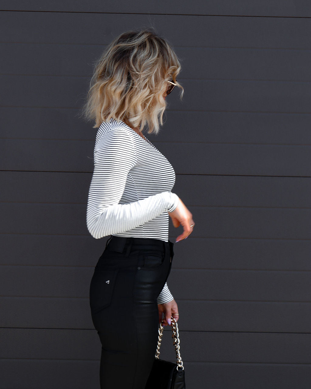 Tamia Striped V-Neck Bodysuit - Black/White Oshnow