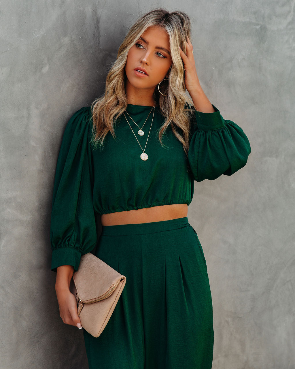 Tamra Satin Crop Drawstring Blouse - Dark Green Oshnow