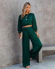 Tamra Satin Crop Drawstring Blouse - Dark Green Oshnow