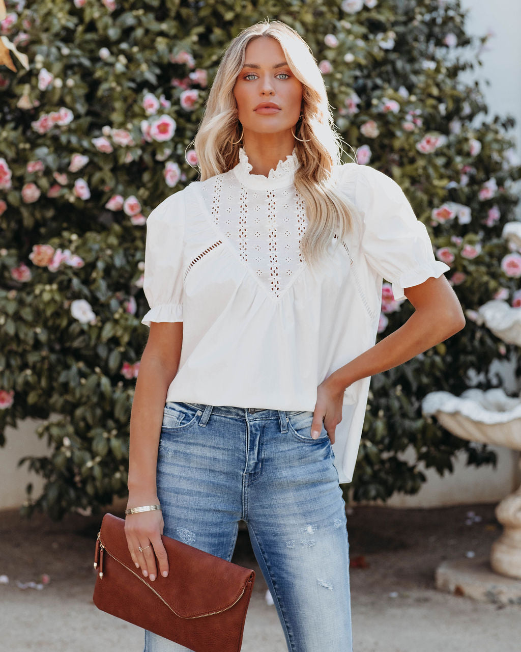 Tarragon Cotton Eyelet Top - White Oshnow