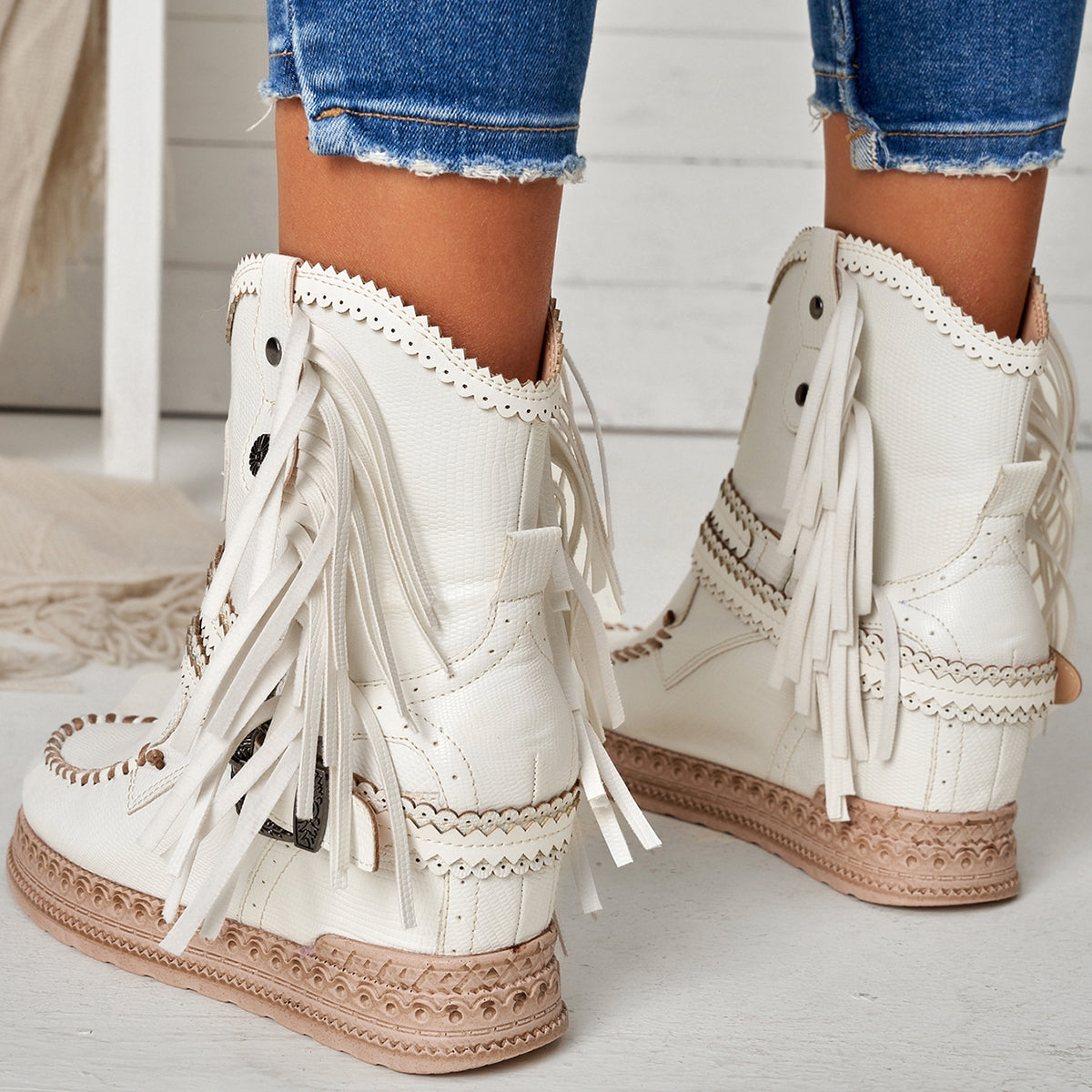 Tassel Cowboy Ankle Boots Stone Washed Wedge Heel Booties Oshnow