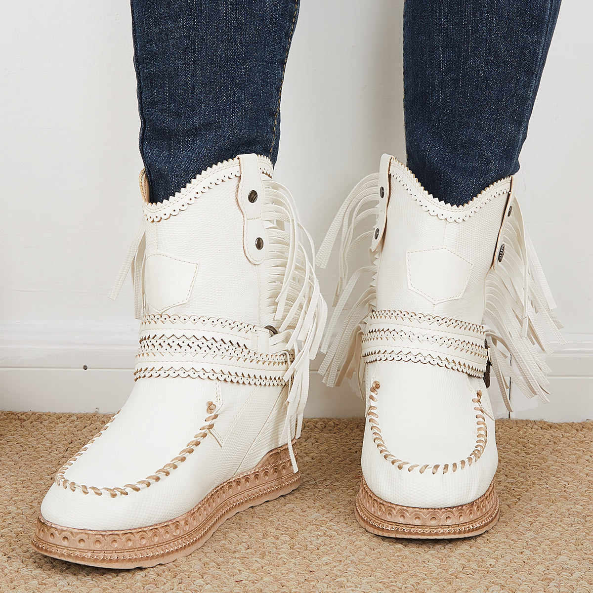 Tassel Cowboy Ankle Boots Stone Washed Wedge Heel Booties Oshnow