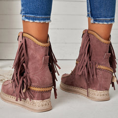 Tassel Cowboy Ankle Boots Stone Washed Wedge Heel Booties Oshnow