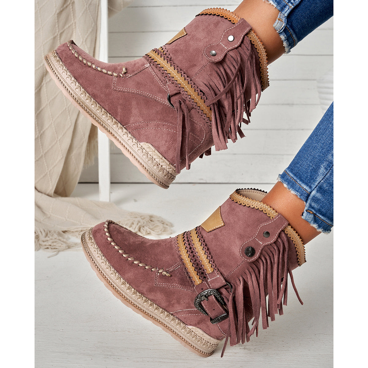 Tassel Cowboy Ankle Boots Stone Washed Wedge Heel Booties Oshnow