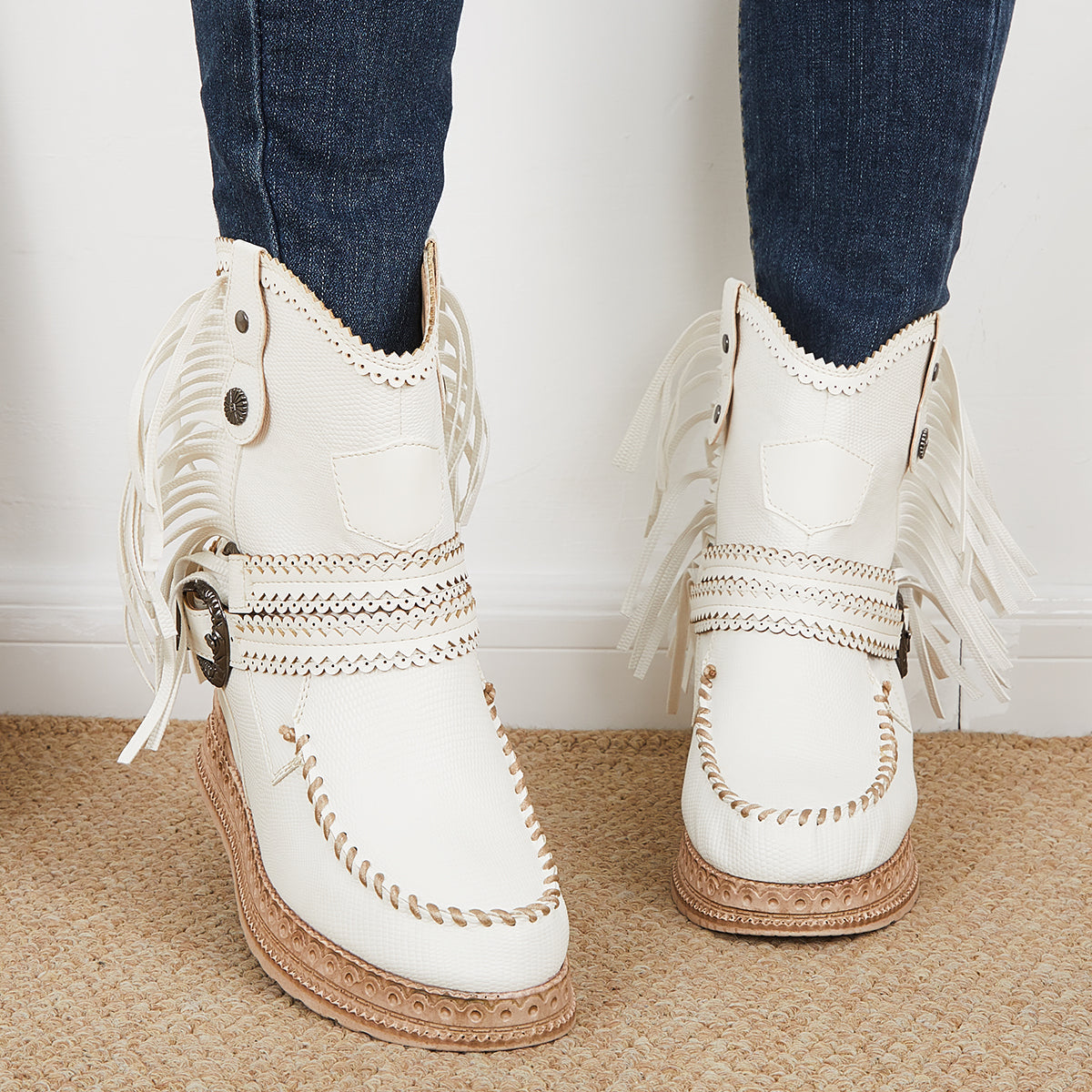 Tassel Cowboy Ankle Boots Stone Washed Wedge Heel Booties Oshnow